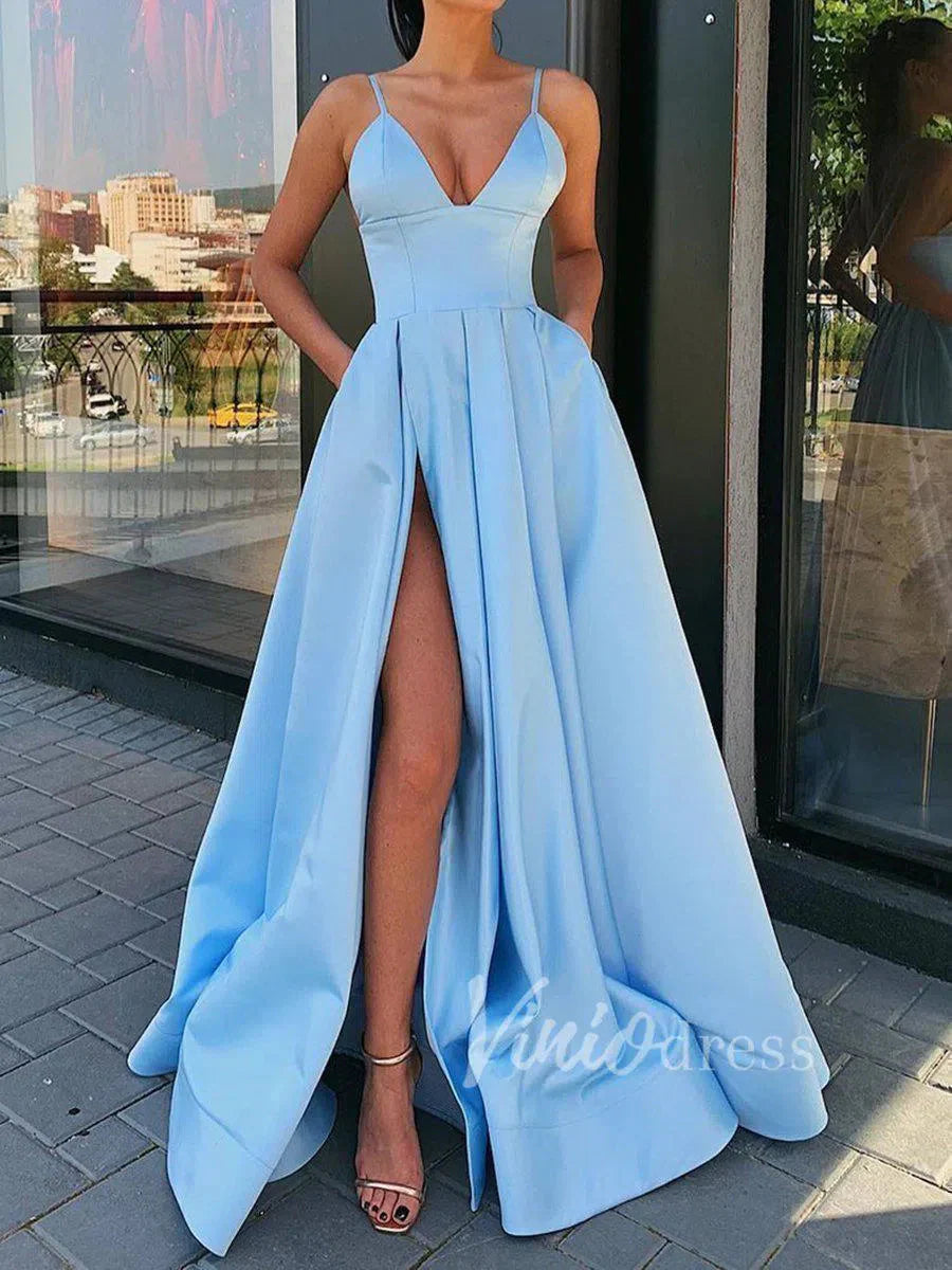 Simple Elegant Spaghetti Strap Satin Prom Dress High Slit Gown with Pockets FD1551