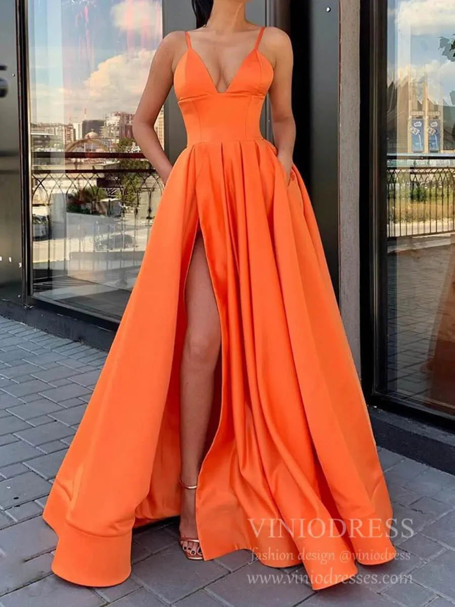 Simple Elegant Spaghetti Strap Satin Prom Dress High Slit Gown with Pockets FD1551