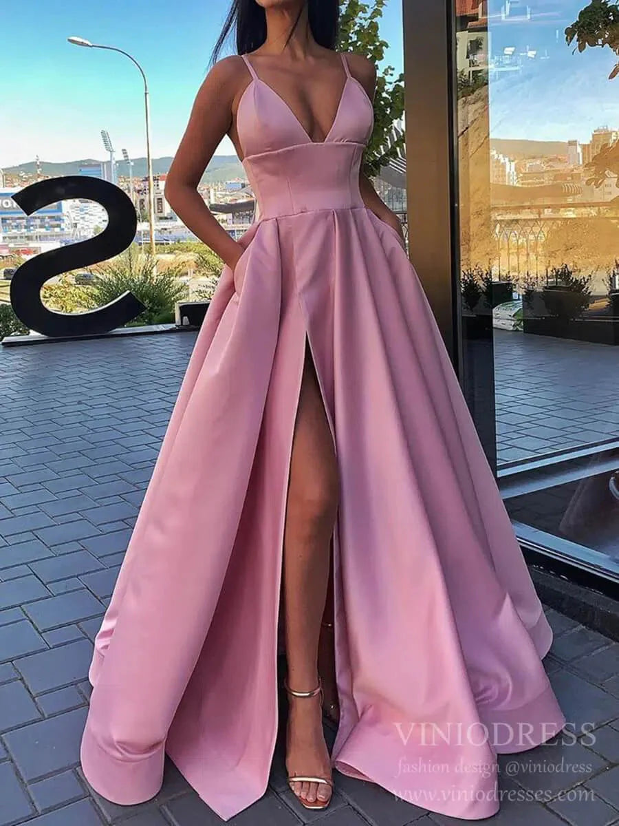 Simple Elegant Spaghetti Strap Satin Prom Dress High Slit Gown with Pockets FD1551