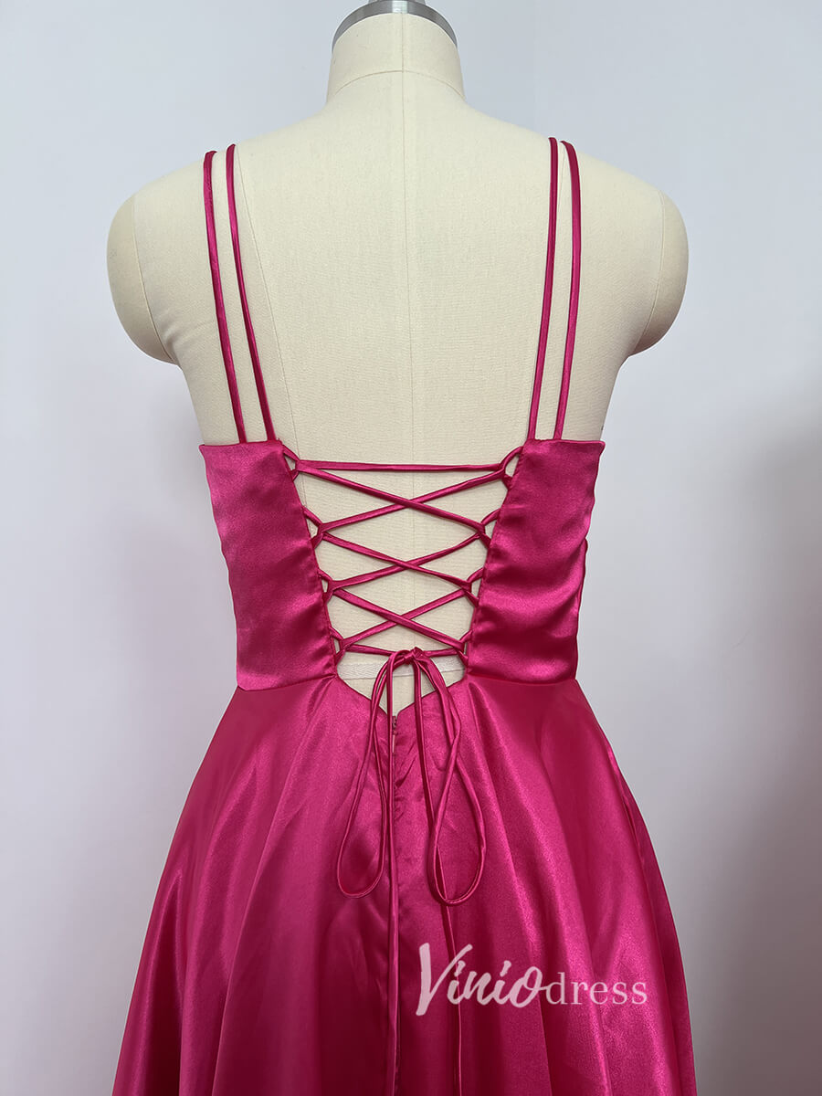 Spaghetti Strap Fuchsia Satin Long Prom Dresses with Pockets FD2549