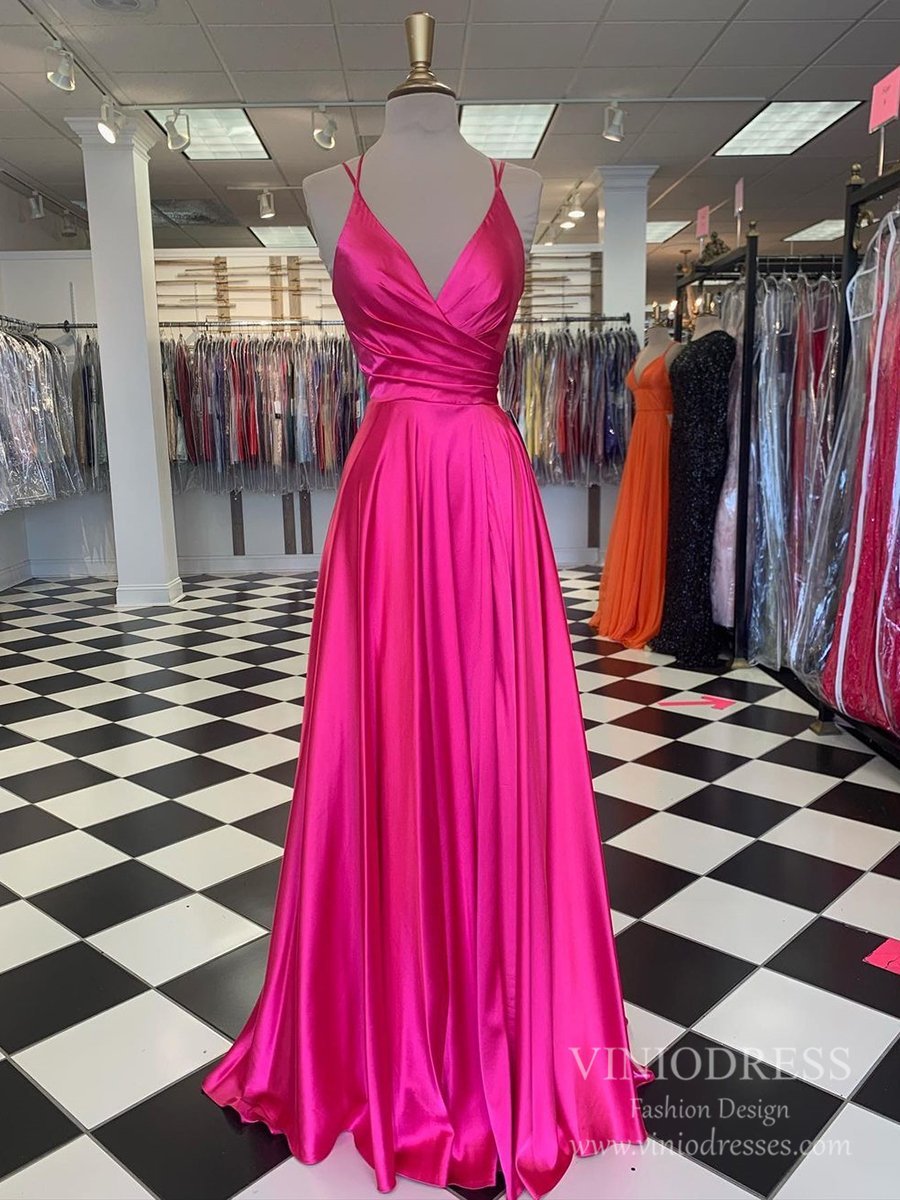 Spaghetti Strap Fuchsia Satin Long Prom Dresses with Pockets FD2549