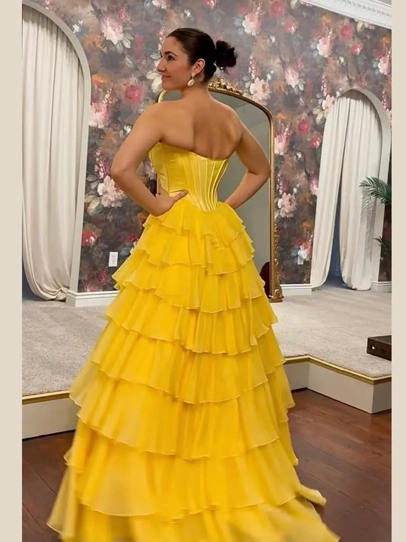 Strapless Chiffon Tiered Prom Dress with Slit & Lace Sweetheart Neckline – Style FD3732