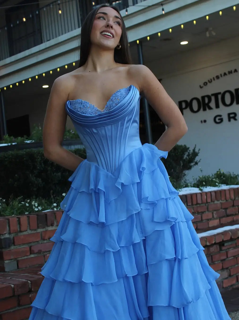 Strapless Chiffon Tiered Prom Dress with Slit & Lace Sweetheart Neckline – Style FD3732