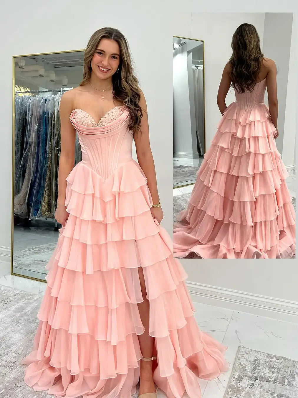 Strapless Chiffon Tiered Prom Dress with Slit & Lace Sweetheart Neckline – Style FD3732