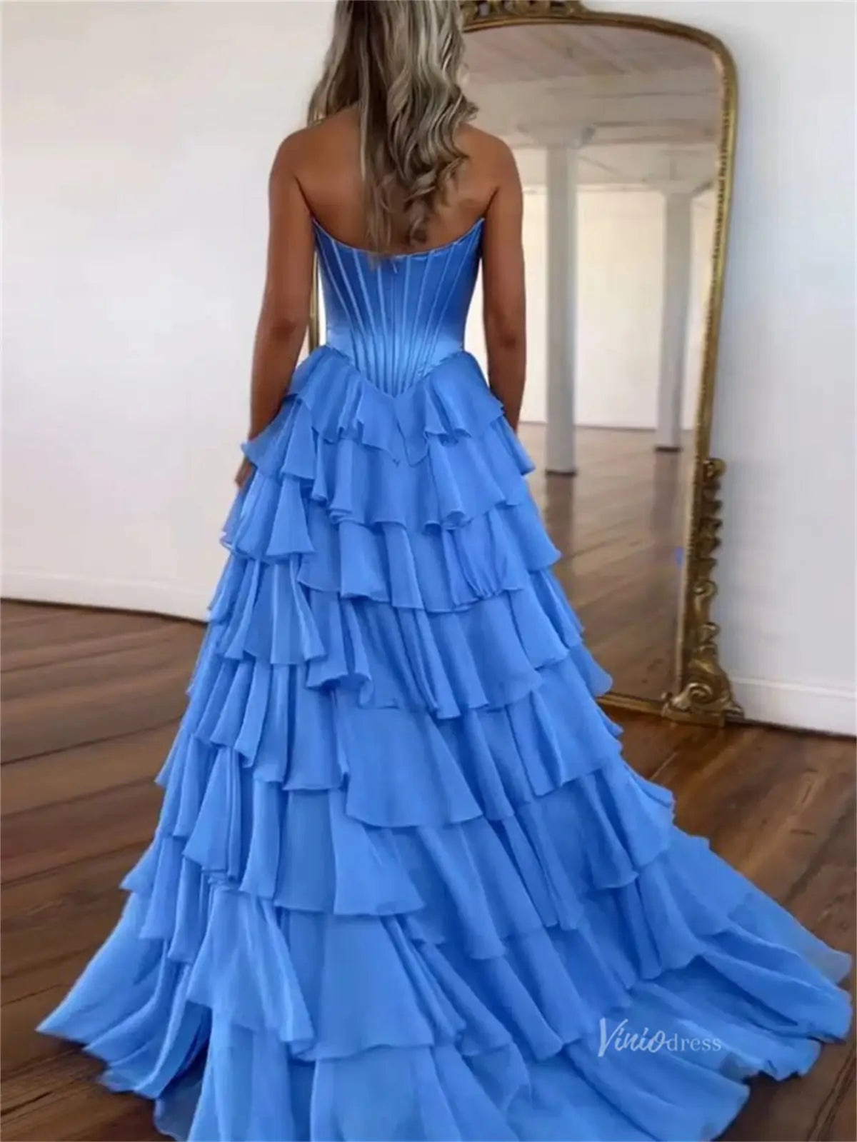 Strapless Chiffon Tiered Prom Dress with Slit & Lace Sweetheart Neckline – Style FD3732
