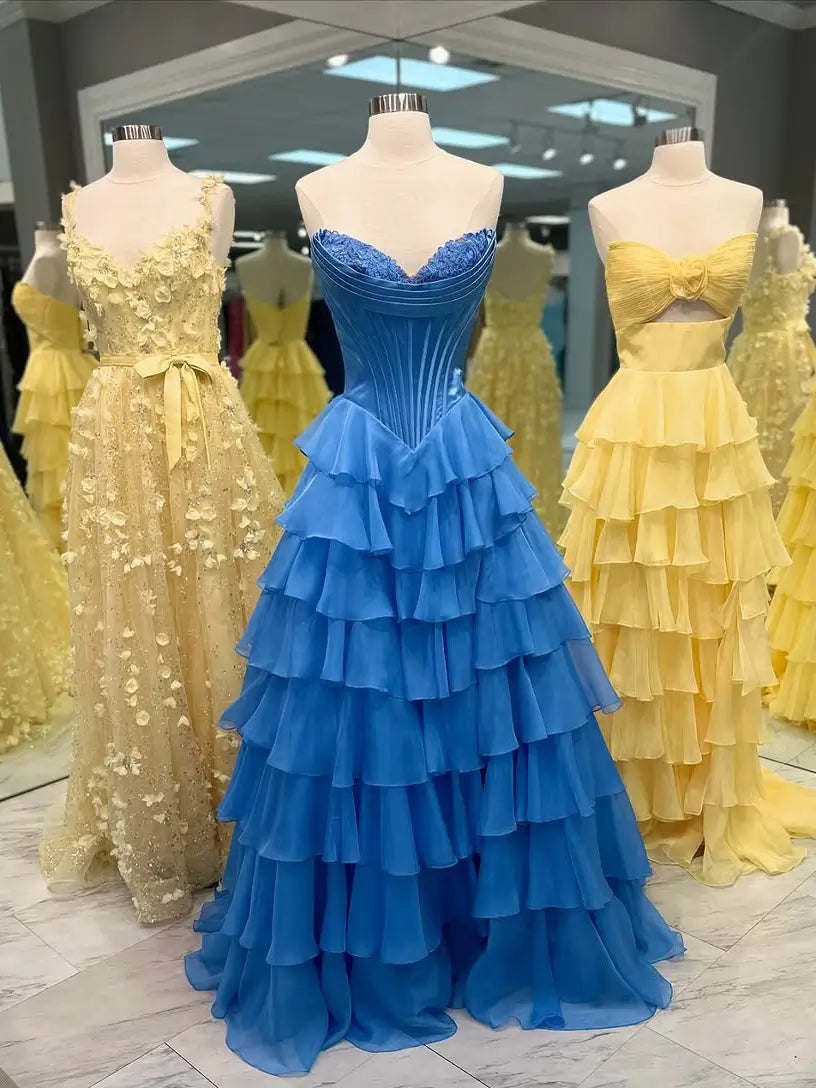 Strapless Chiffon Tiered Prom Dress with Slit & Lace Sweetheart Neckline – Style FD3732