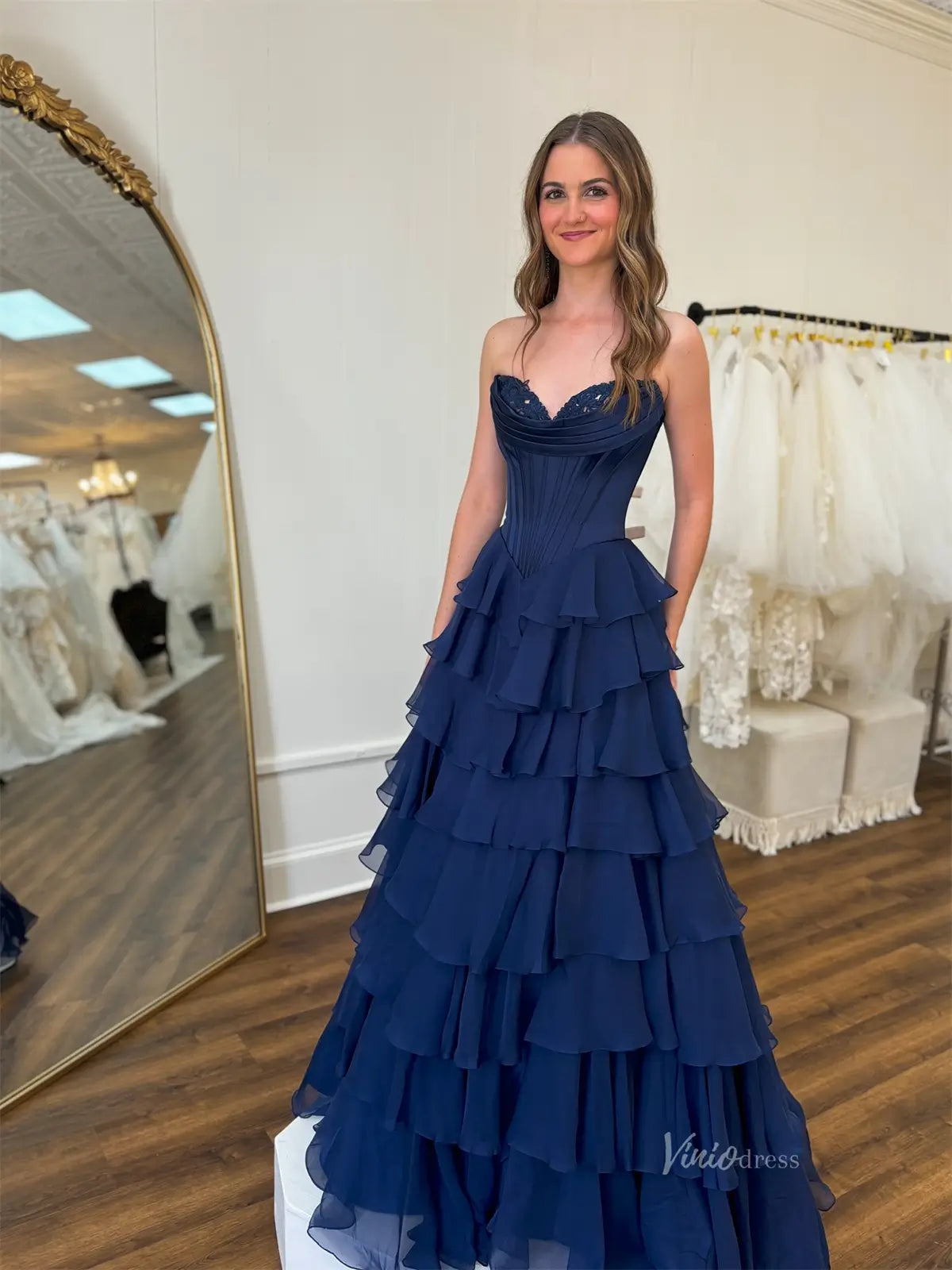 Strapless Chiffon Tiered Prom Dress with Slit & Lace Sweetheart Neckline – Style FD3732