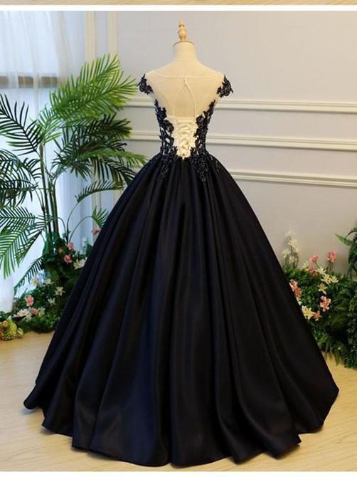 A-line Scoop-Neck Floor-Length Satin Long Black Prom Dresses Floor Length Elegant Evening Dress Wholesale