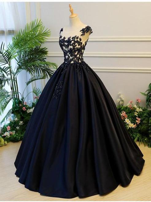 A-line Scoop-Neck Floor-Length Satin Long Black Prom Dresses Floor Length Elegant Evening Dress Wholesale