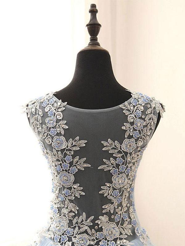 A-line Scoop-Neck Floor-Length Tulle Appliqued Rhine Stone Prom Dress Floor Length Wholesale