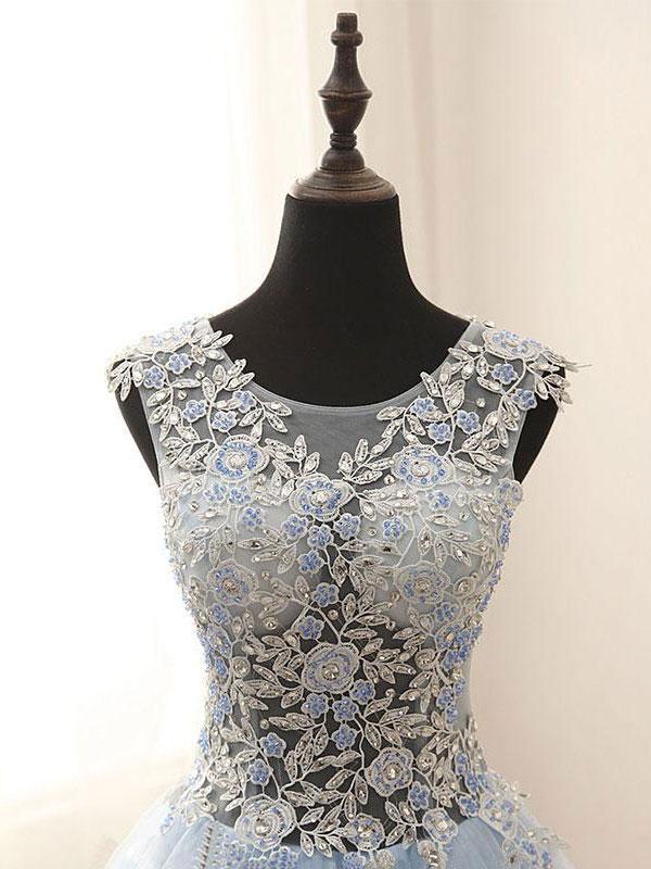 A-line Scoop-Neck Floor-Length Tulle Appliqued Rhine Stone Prom Dress Floor Length Wholesale