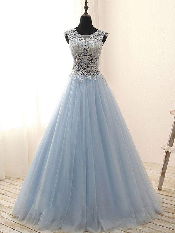 A-line Scoop-Neck Floor-Length Tulle Appliqued Rhine Stone Prom Dress Floor Length Wholesale