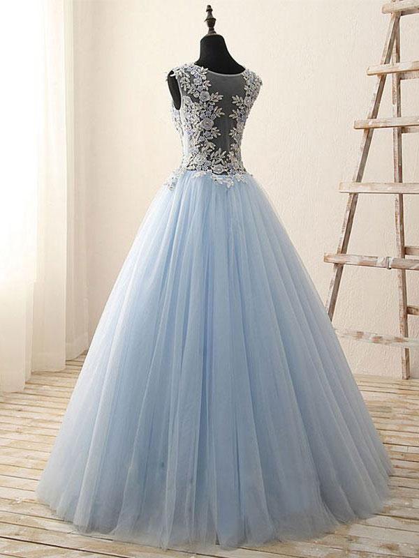 A-line Scoop-Neck Floor-Length Tulle Appliqued Rhine Stone Prom Dress Floor Length Wholesale