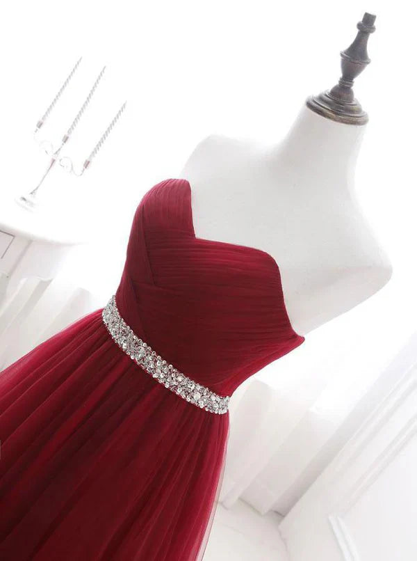 A-line Sweetheart Sweep Train Tulle Rhinestone Prom Dresses Off Shoulder Floor Length Wholesale
