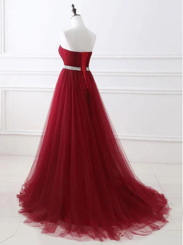 A-line Sweetheart Sweep Train Tulle Rhinestone Prom Dresses Off Shoulder Floor Length Wholesale