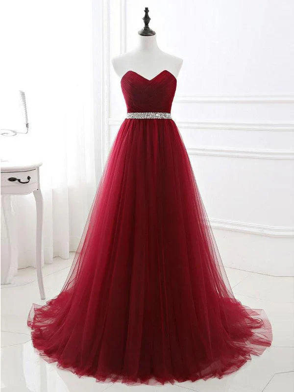 A-line Sweetheart Sweep Train Tulle Rhinestone Prom Dresses Off Shoulder Floor Length Wholesale