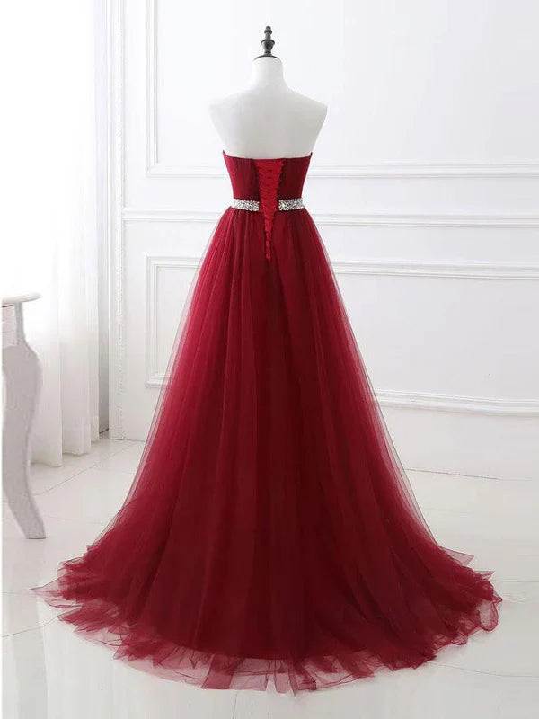 A-line Sweetheart Sweep Train Tulle Rhinestone Prom Dresses Off Shoulder Floor Length Wholesale