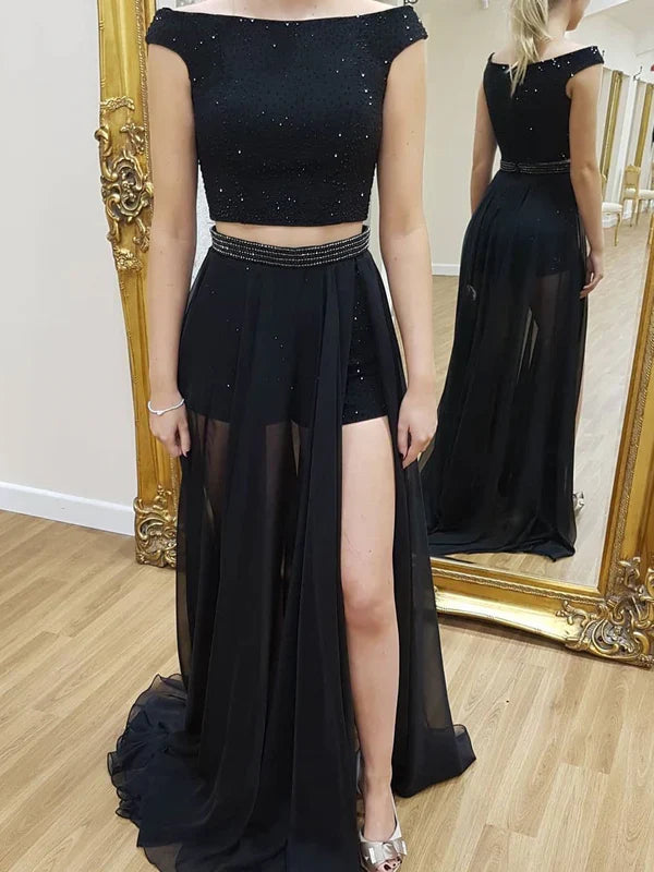 Gorgeous Satin Bateau Neckline A-line Prom Dresses With Beadings Evening Dress With Slit