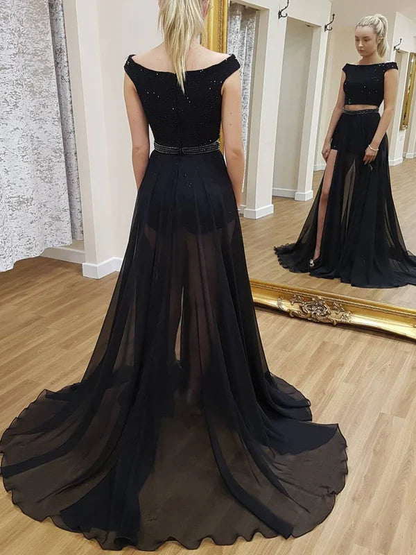 Gorgeous Satin Bateau Neckline A-line Prom Dresses With Beadings Evening Dress With Slit