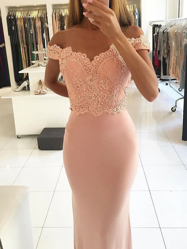 Trumpet/Mermaid Off-Shoulder Sweep Train Jersey Appliqued Prom Dresses Elegant Evening Dress Wholesale