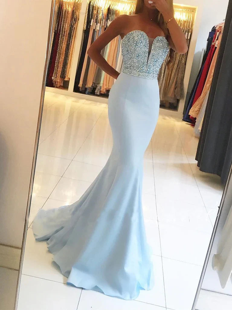 Mermaid Sweetheart Sweep Train Jersey Beaded Prom Dresses Off Shoulder Charming Evening Dress Wholesale