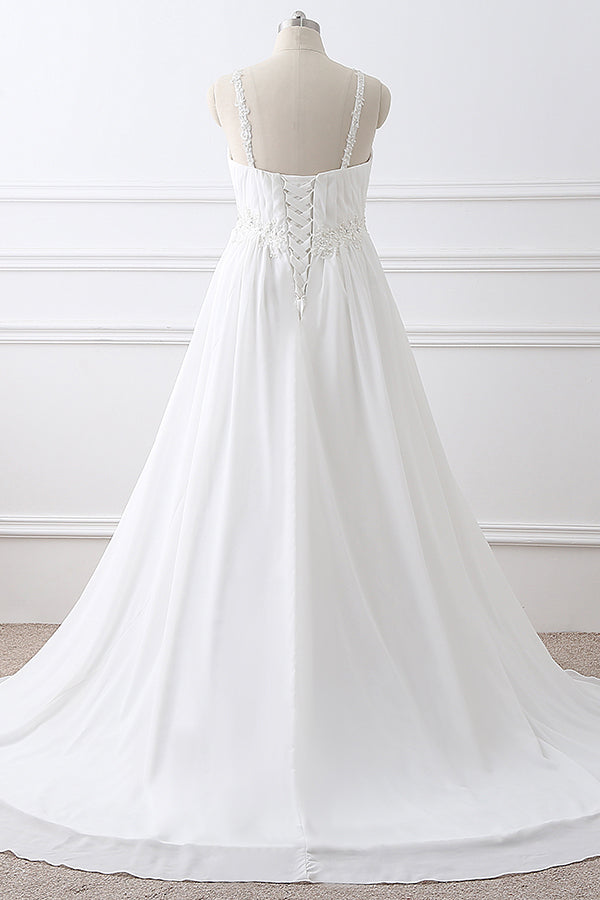 A-line Straps Empire Long White Bridesmaid Dress with Beads