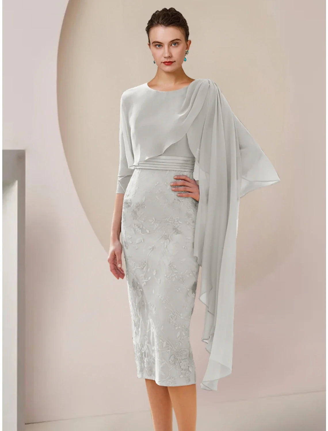 Aimishang  A-Line Mother of the Bride Dress Wedding Guest Elegant Petite Jewel Neck Tea Length Chiffon Lace Half Sleeve with Ruching Solid Color