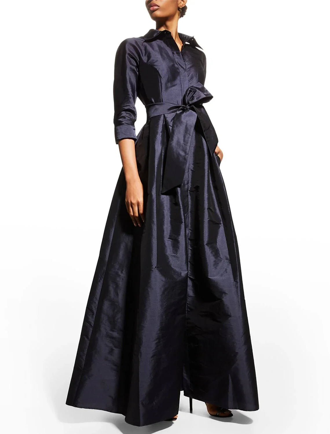 A-Line Evening Gown Elegant Dress Wedding Guest Floor Length 3/4 Length Sleeve Shirt Collar Pocket Taffeta with Pocket Strappy