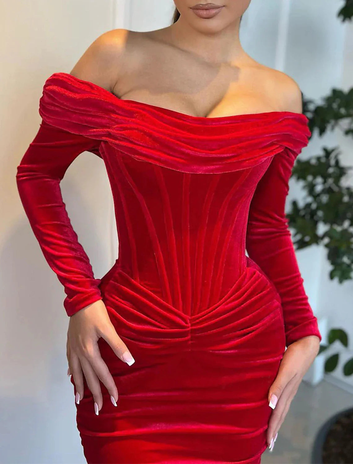 Mermaid / Trumpet Evening Gown Corsets Dress Formal Red Green Dress Sweep / Brush Train Long Sleeve Off Shoulder Velvet with Ruched