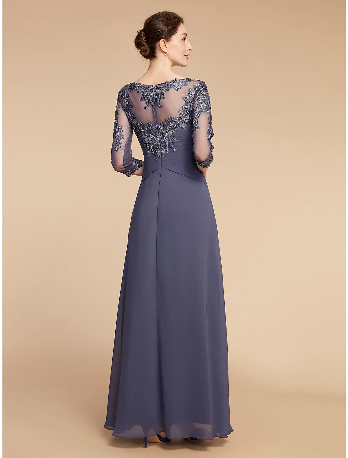 Aimishang  A-Line Mother of the Bride Dress Elegant V Neck Floor Length Chiffon Lace 3/4 Length Sleeve with Ruffles Appliques