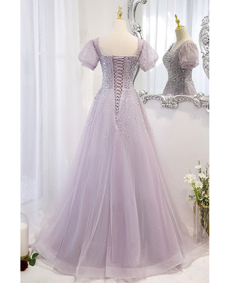 Elegant and unique lavender square neckline fluffy short sleeved beaded sequin ball dress lavender A-line princess sheer backless strap and floor length evening dress