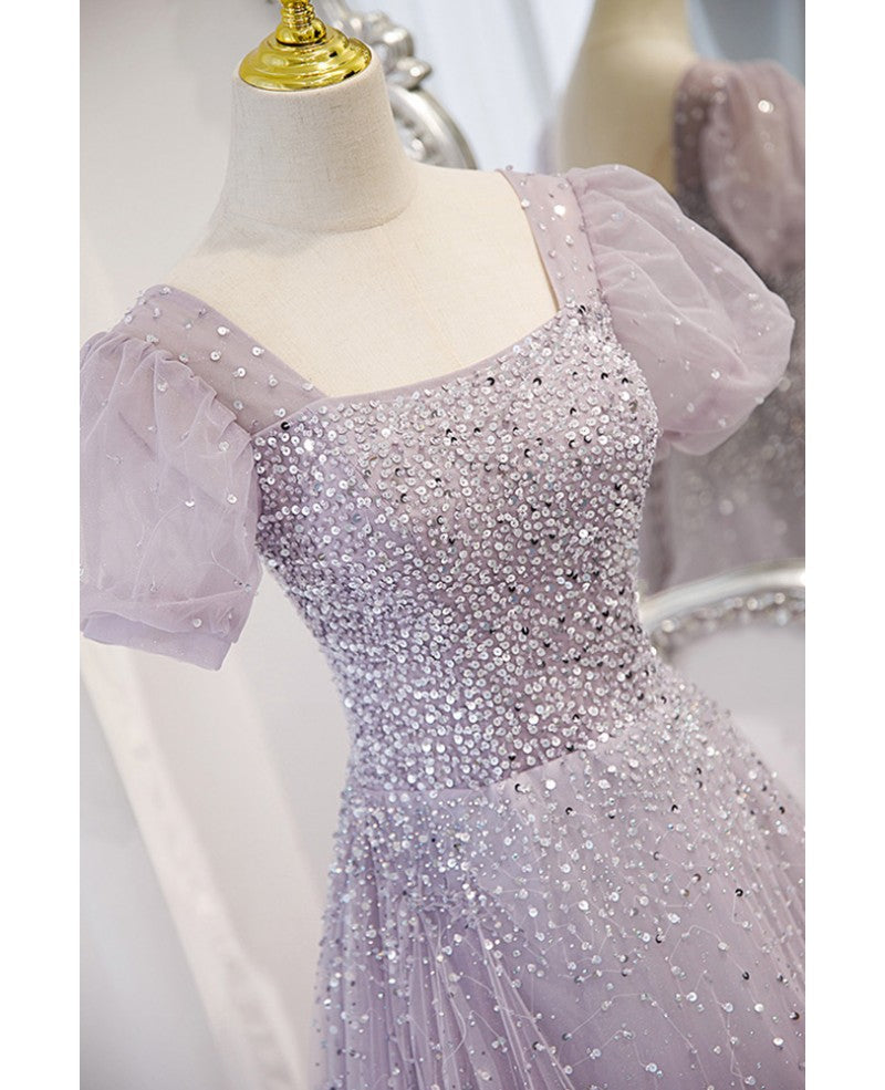 Elegant and unique lavender square neckline fluffy short sleeved beaded sequin ball dress lavender A-line princess sheer backless strap and floor length evening dress