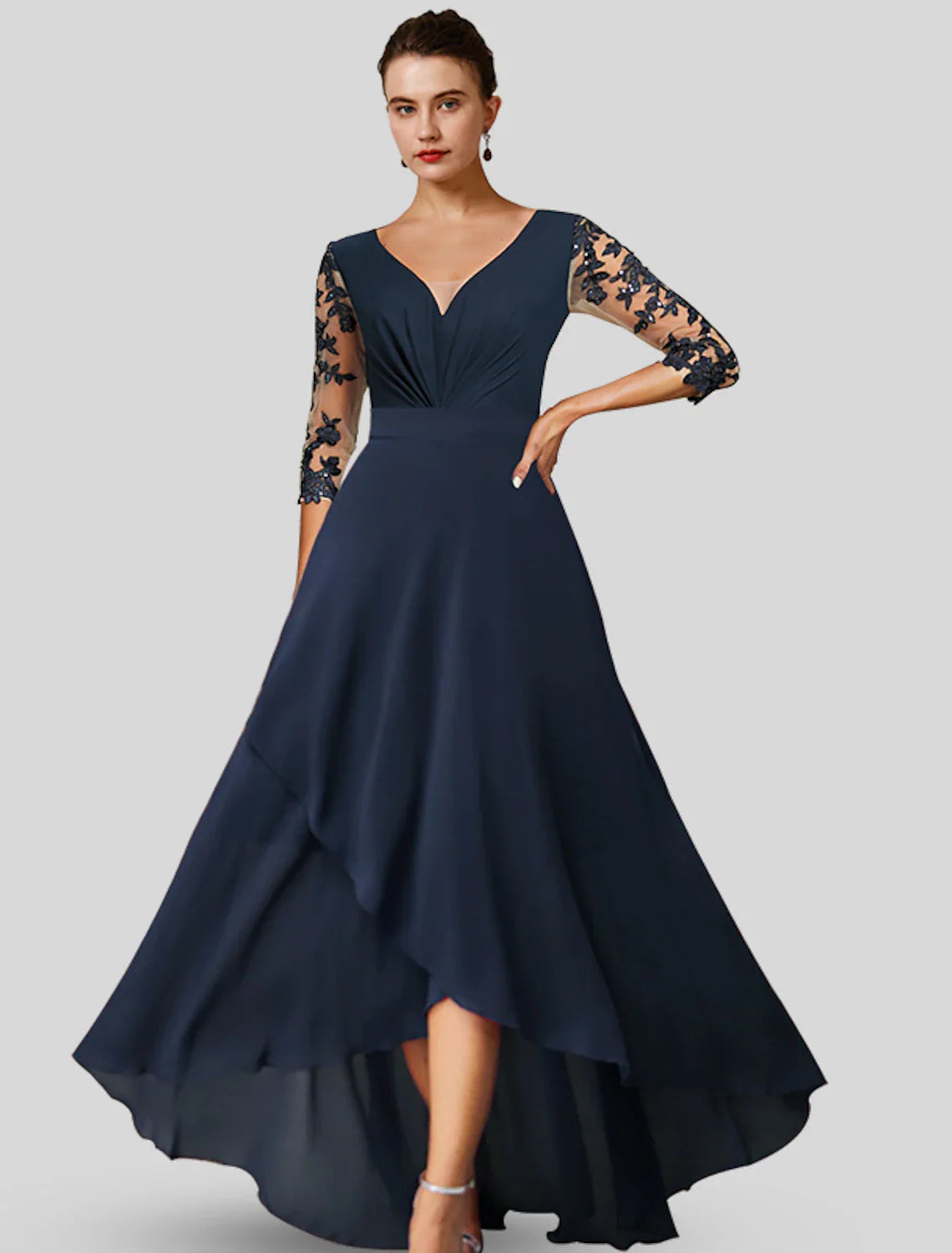 Aimishang  A-Line Mother of the Bride Dress Wedding Guest Elegant High Low V Neck Asymmetrical Tea Length Chiffon Lace 3/4 Length Sleeve with Appliques
