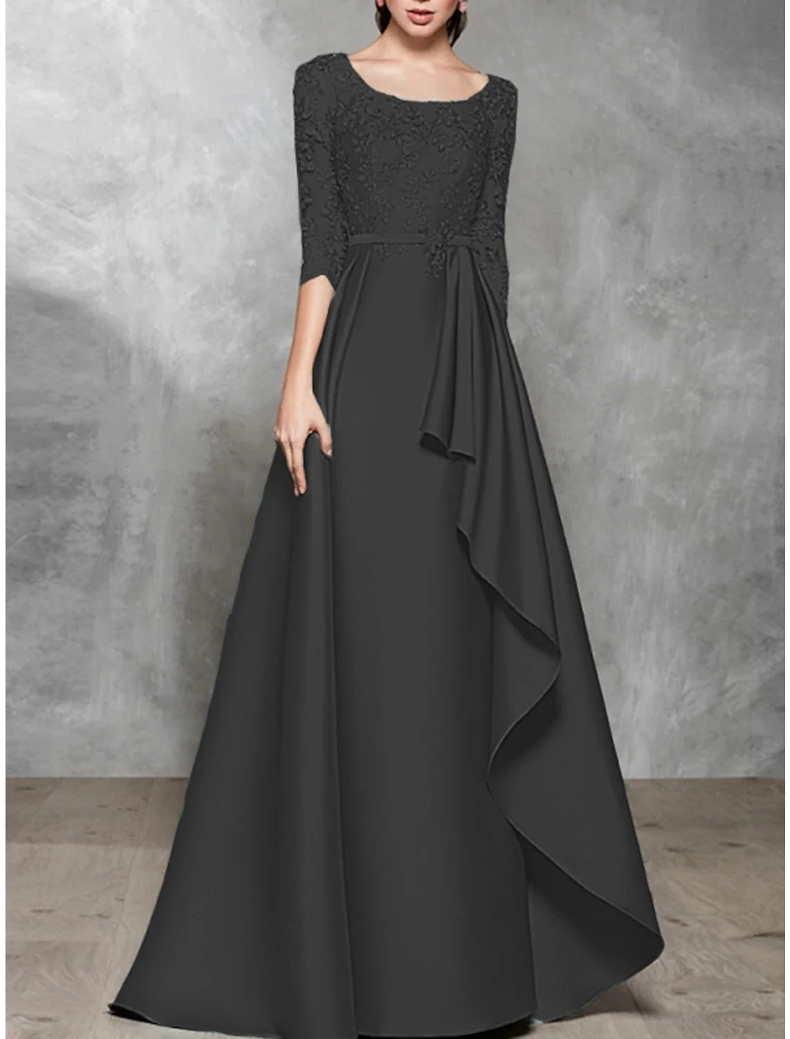 A-Line Evening Gown Black Dress Plus Size Elegant Dress Formal Wedding Floor Length Half Sleeve Scoop Neck Satin with Pleats 2025