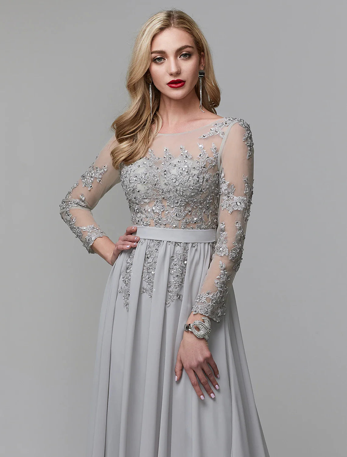 A-Line Luxurious Engagement Formal Evening Dress Illusion Neck V Back Low Back Long Sleeve Chapel Train Chiffon with Sequin Appliques 2024 / Illusion Sleeve