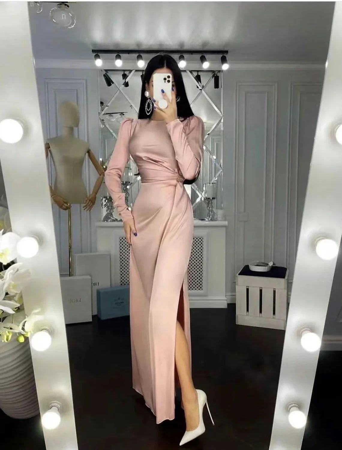 Sheath Party Dress Evening Gown Elegant Dress Wedding Guest Fall Floor Length Long Sleeve High Neck Bridesmaid Dress Satin with Ruched 2025