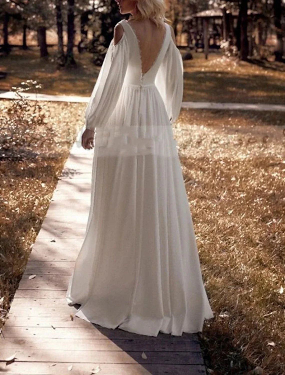 Aimishang Beach Boho Wedding Dresses A-Line Off Shoulder Long Sleeve Floor Length Chiffon Bridal Gowns With Solid Color