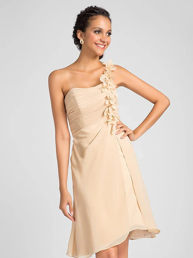 Sheath / Column Bridesmaid Dress One Shoulder Sleeveless Knee Length Chiffon with Side Draping / Flower