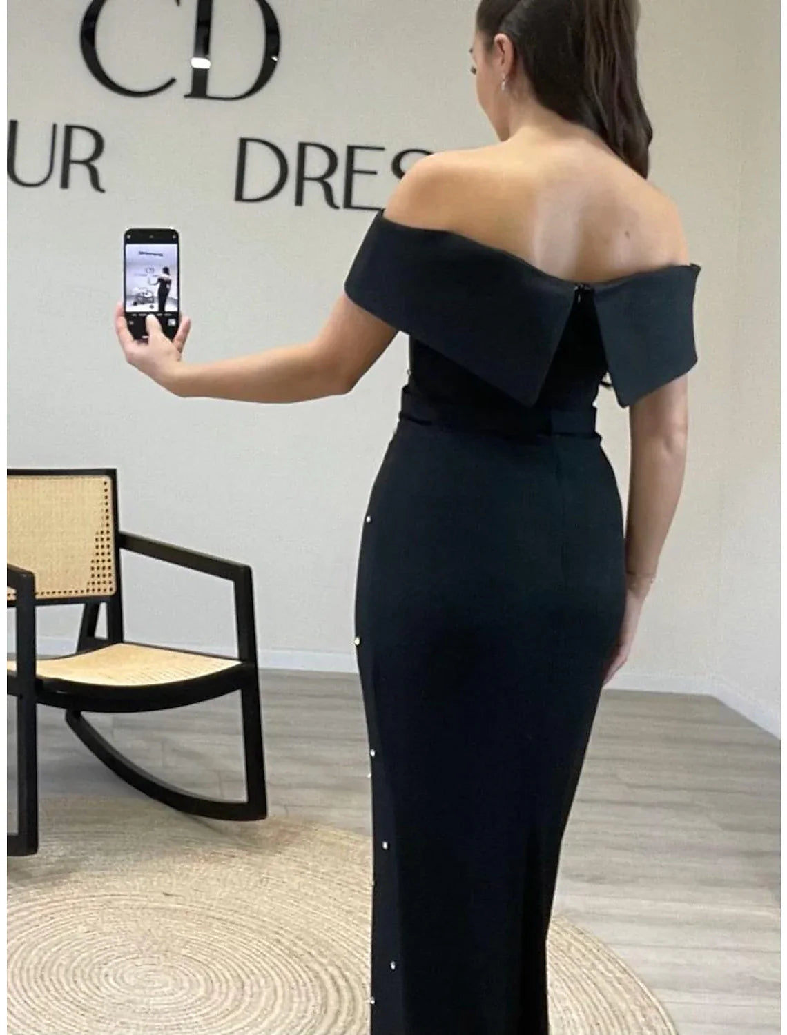 Mermaid / Trumpet Evening Gown Elegant Dress Formal Wedding Guest Floor Length Short Sleeve Off Shoulder Stretch Crepe with Beading