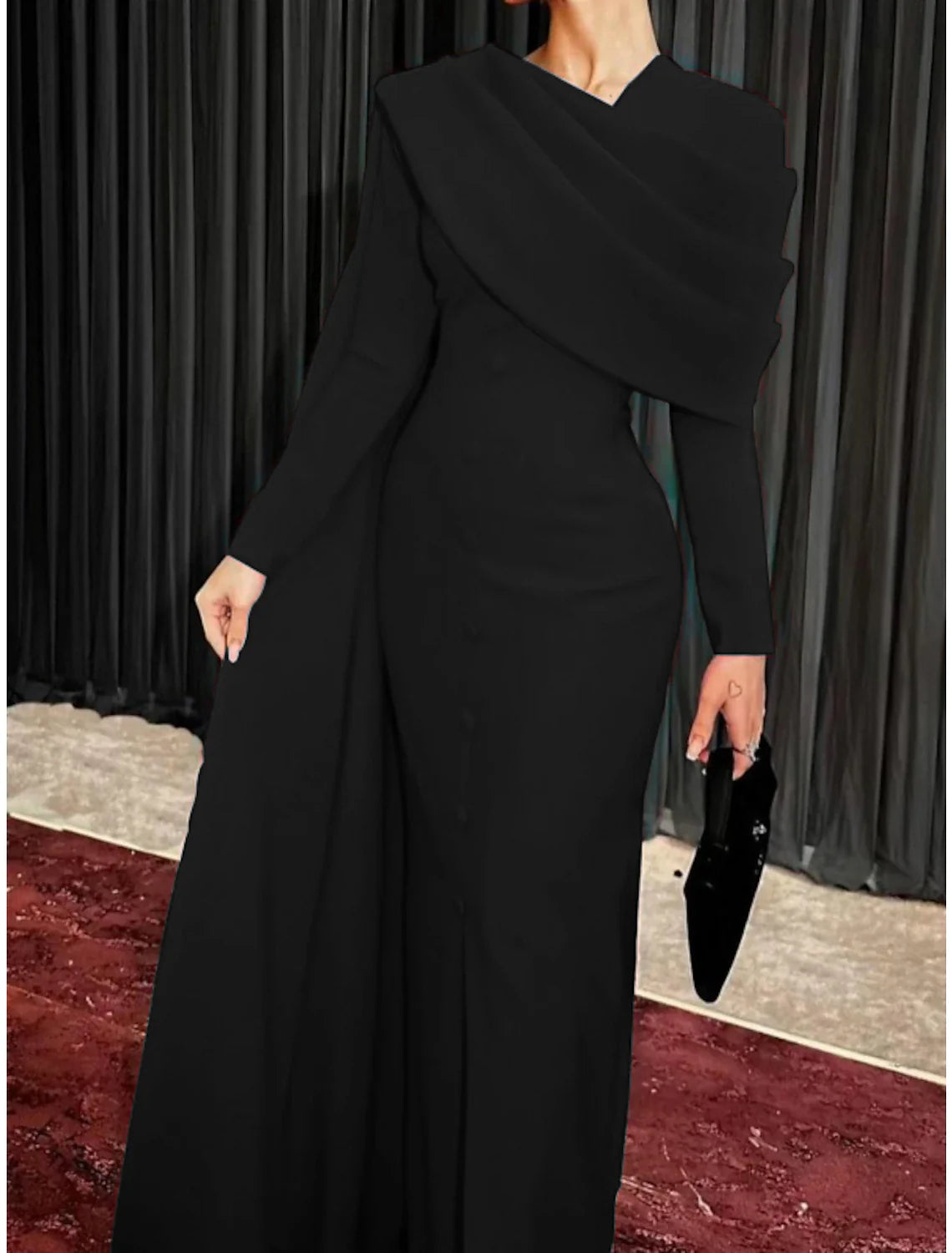 Sheath / Column Red Black Christmas Red Green Dress Evening Gown Elegant Cape Dress Formal Fall Sweep / Brush Train Long Sleeve Cowl Neck  Fabric with Buttons Slit 2025