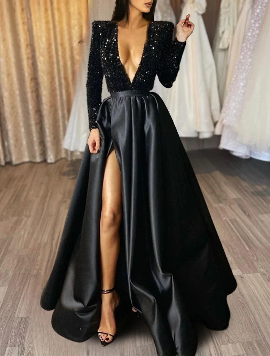 A-Line Evening Gown Red Green Dress Formal Black Dress Plus Size Wedding Court Train Half Sleeve V Neck Satin with Sequin Slit