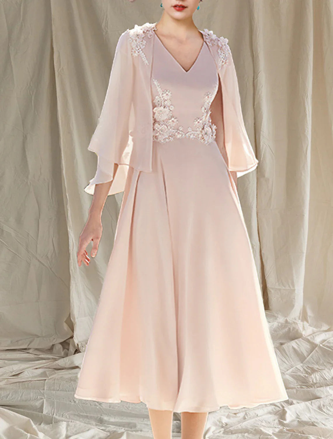 Two Piece A-Line Mother of the Bride Dress Wedding Guest Church Elegant V Neck Tea Length Chiffon Sleeveless Wrap Included with Appliques