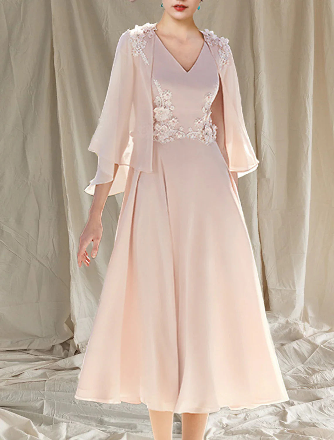 Aimishang  Two Piece A-Line Mother of the Bride Dress Wedding Guest Church Elegant V Neck Tea Length Chiffon Sleeveless Wrap Included with Appliques