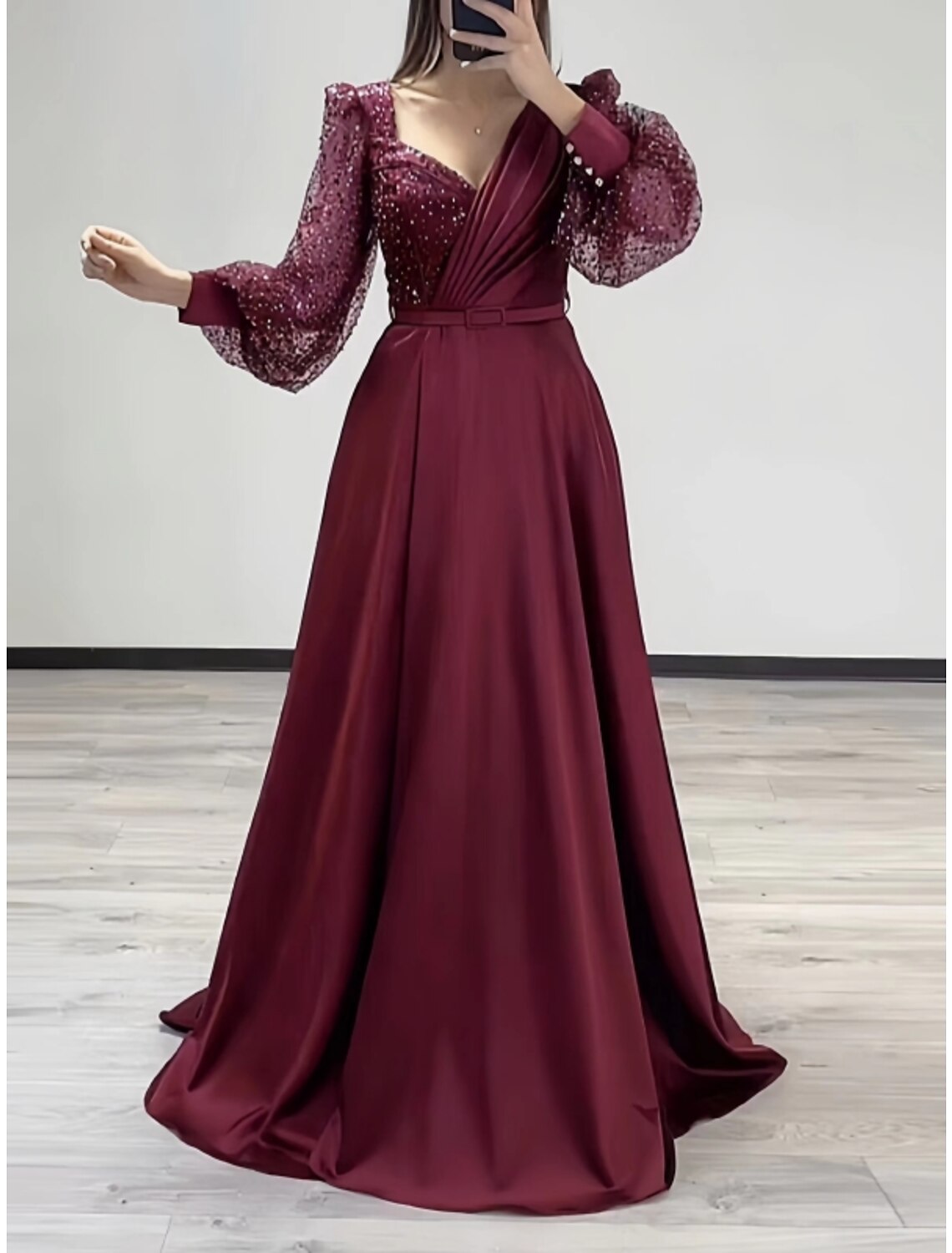 Wholesale A-Line Evening Gown Elegant Dress Formal Fall Sweep / Brush Train Long Sleeve V Neck Satin with Glitter Pleats Strappy