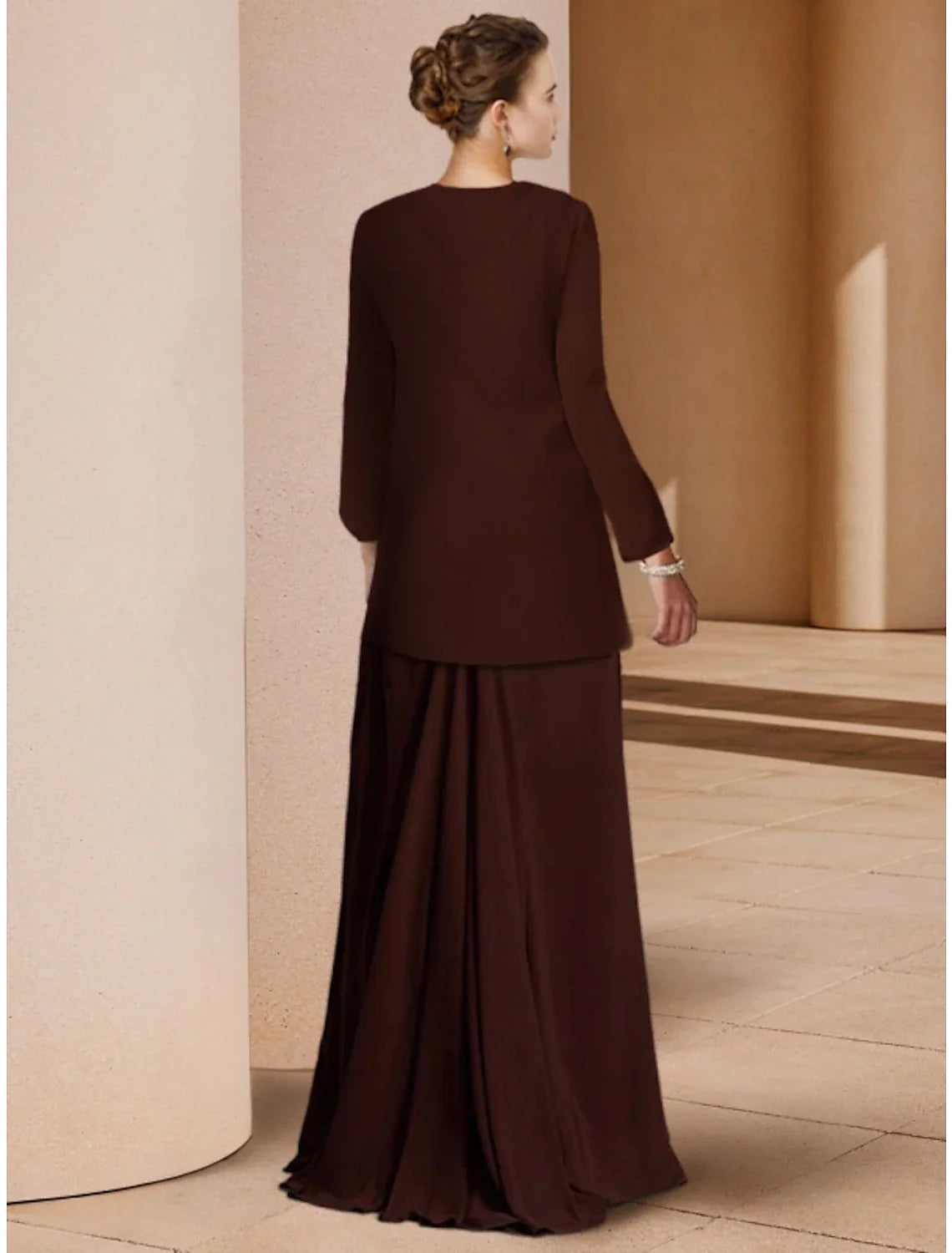 Aimishang Sheath / Column Mother of the Bride Dress Wedding Guest Elegant Scoop Neck Floor Length Stretch Chiffon Long Sleeve with Sequin Ruching