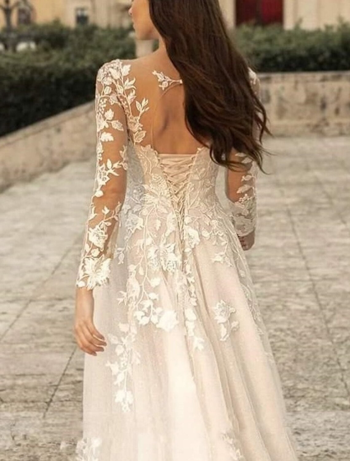 Aimishang Beach Formal Wedding Dresses A-Line V Neck Long Sleeve Sweep / Brush Train Lace Bridal Gowns With Flower Solid Color