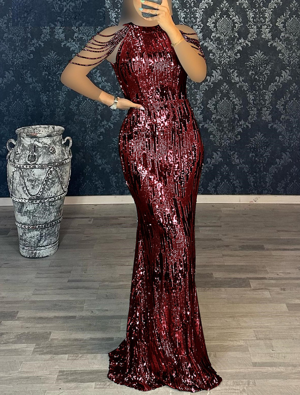 Mermaid / Trumpet Evening Gown Elegant Dress Masquerade Black Tie Floor Length Short Sleeve Jewel Neck Black Dress Sequined with Fringe Tassel