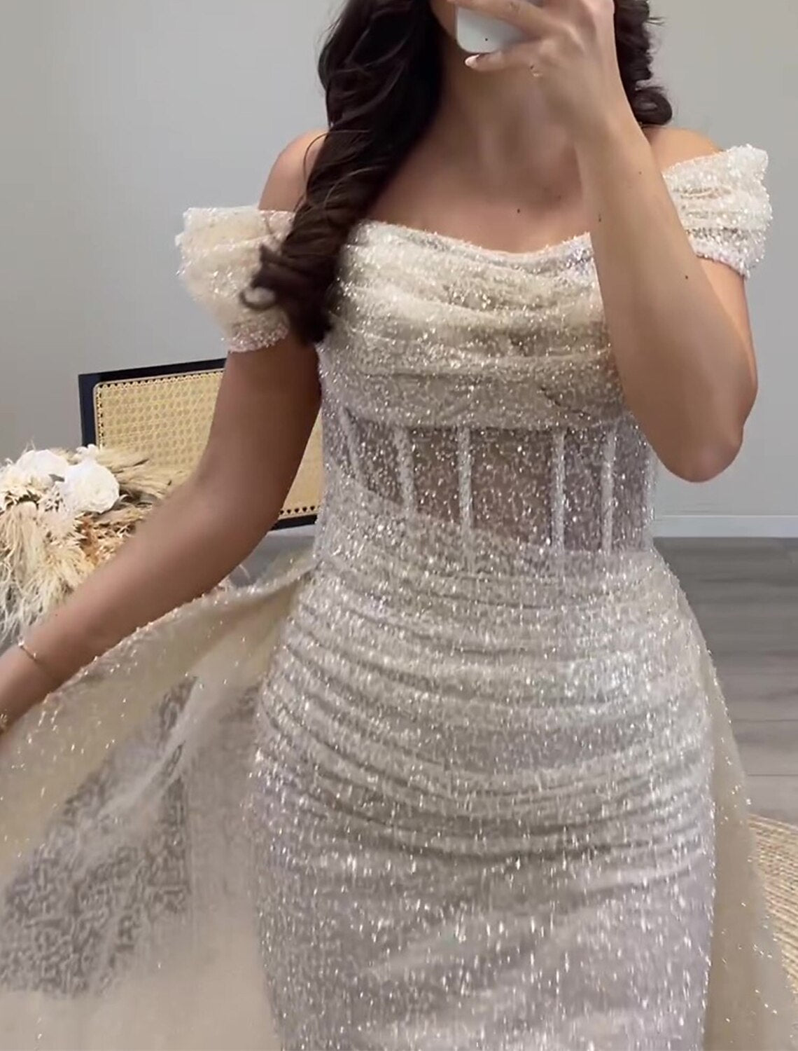 Sheath / Column Prom Dresses Elegant Dress Formal Prom Floor Length Short Sleeve Off Shoulder Sequined with Glitter Ruched