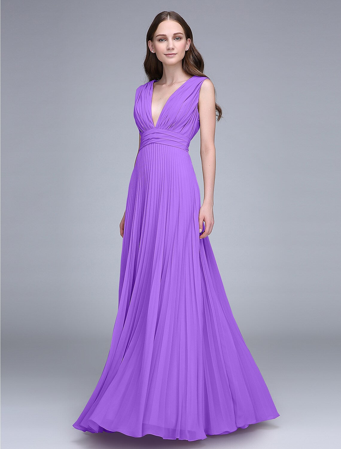 Bridesmaid Dress V Neck Sleeveless Elegant Floor Length Chiffon with Ruched