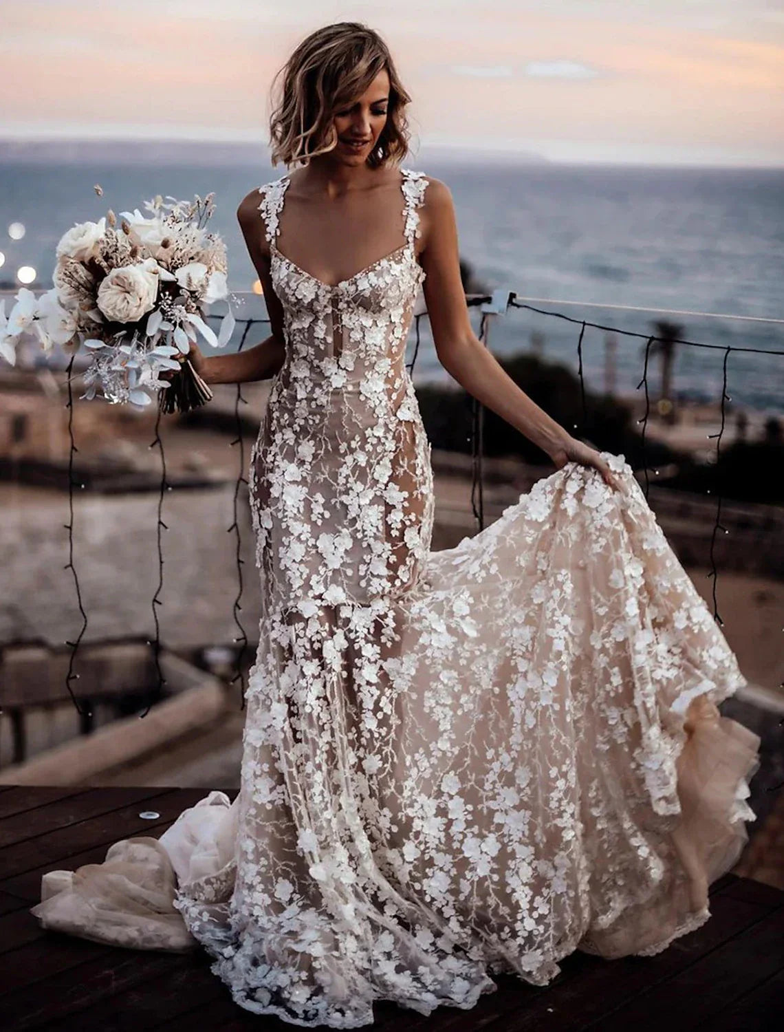 Aimishang Beach Sexy Boho Wedding Dresses Mermaid / Trumpet Sweetheart Regular Straps Court Train Lace Bridal Gowns With Appliques Summer Fall Wedding Party